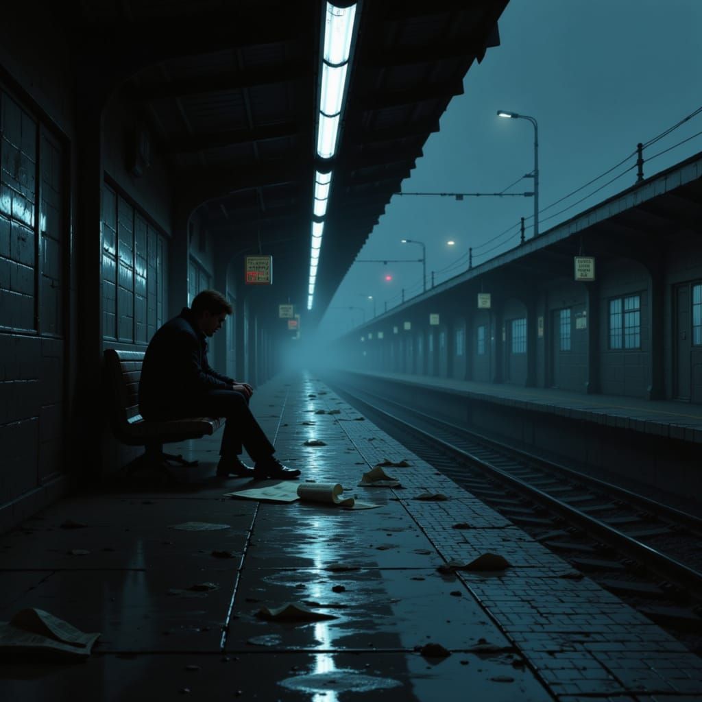 Lone Figure on Deserted Train Platform at Night