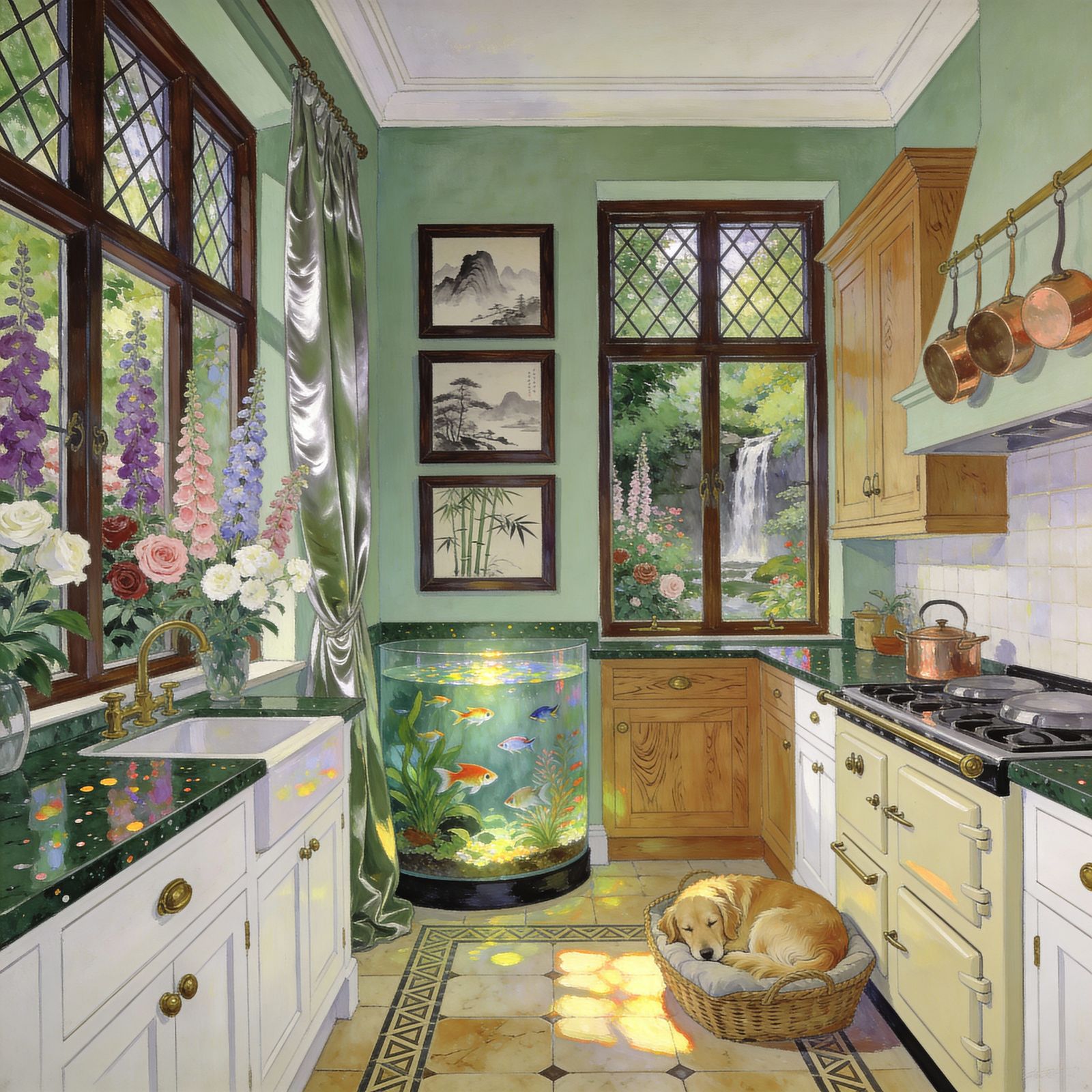 Arts and Crafts Kitchen Painting with Garden View