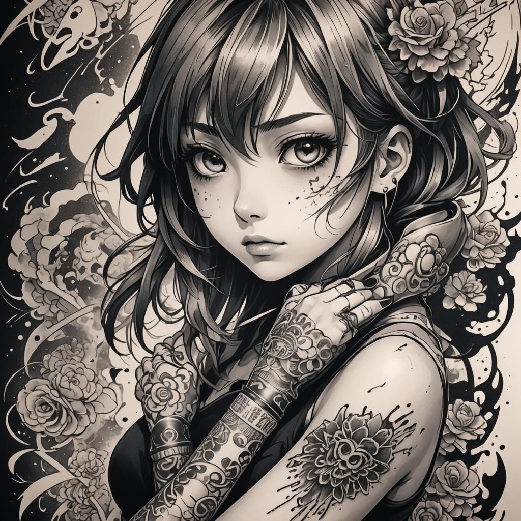 Intricate Anime Tattoo Design in Zerochan Style