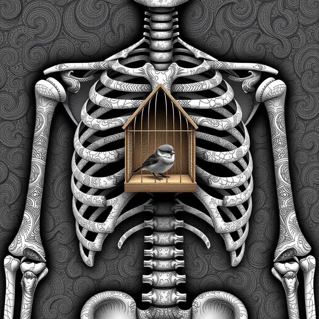 Birdhouse Ribcage Skeleton in Abstract Vector Fractal Style