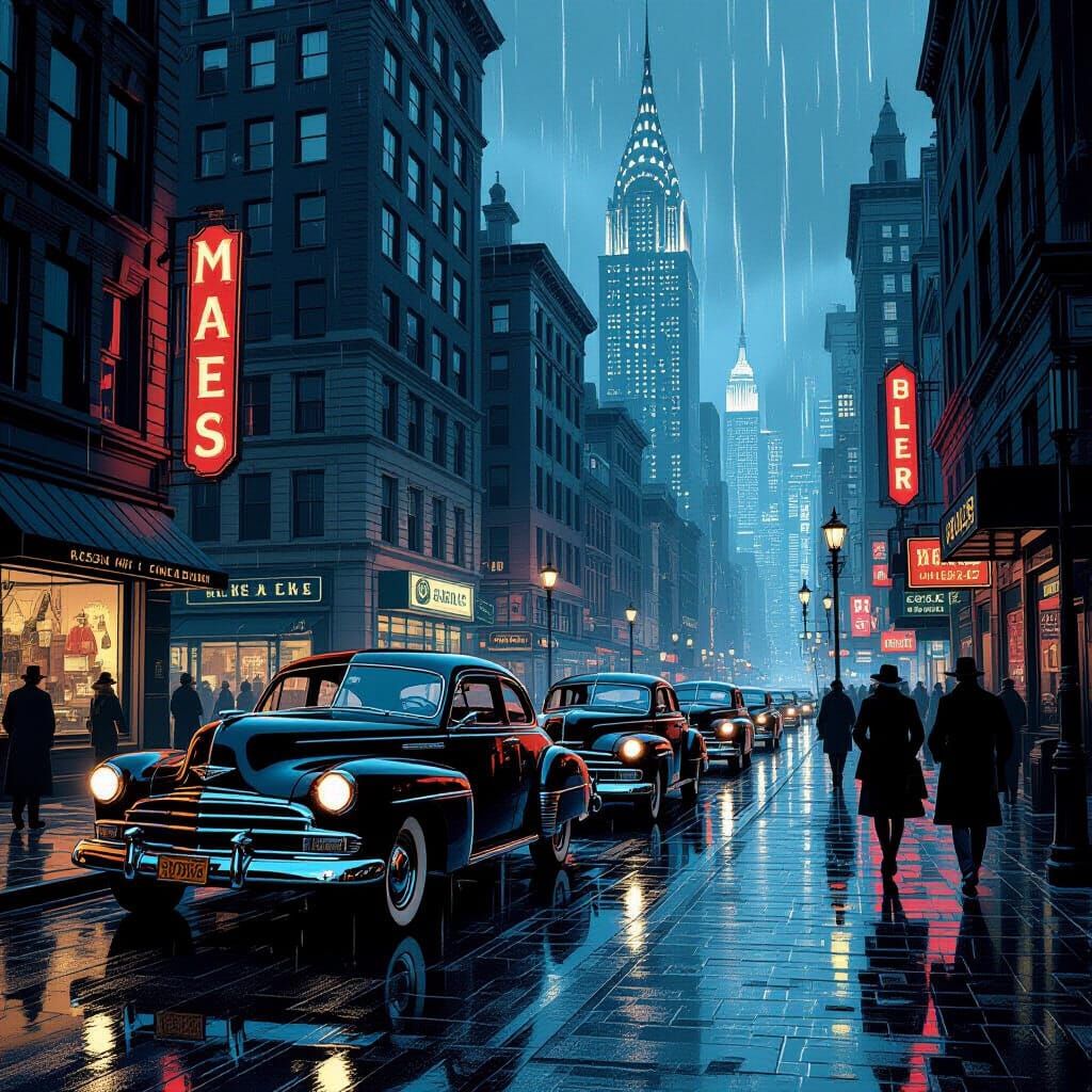 1940s City Street Noir Illustration
