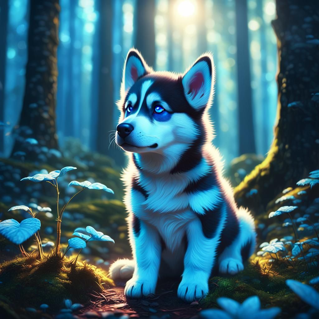 Husky Pup in Mystical Forest: Digital Art