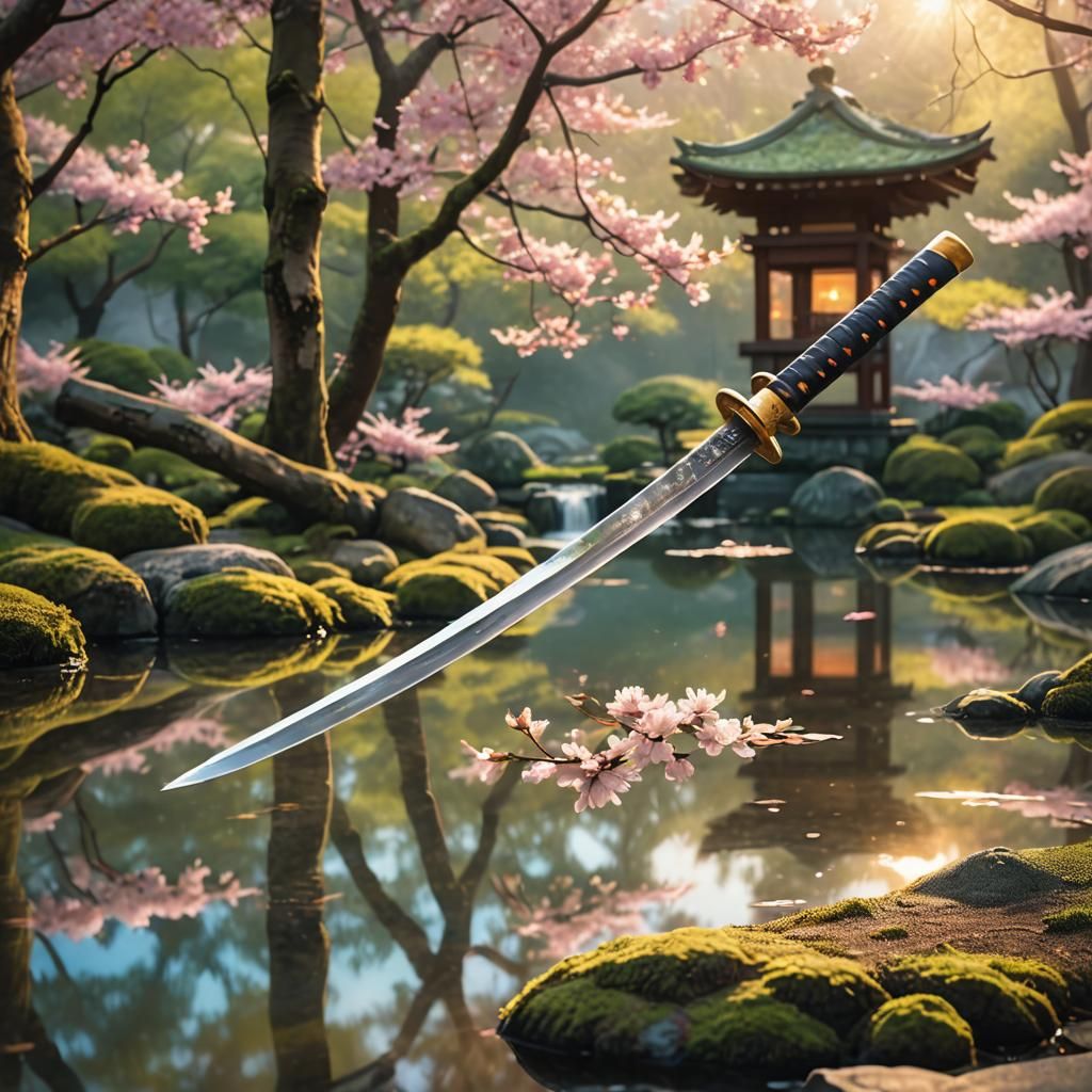 Katana Blade Reflects Serene Japanese Garden