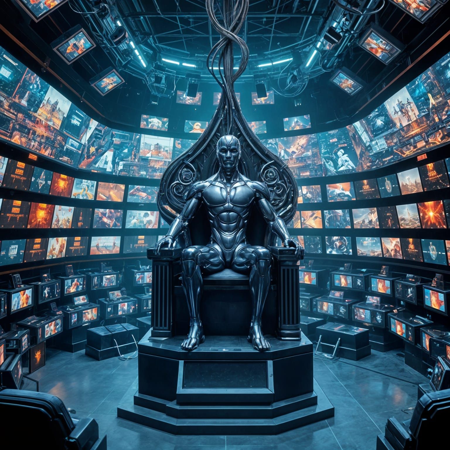 AI God in Liquid Metal on Arena Throne