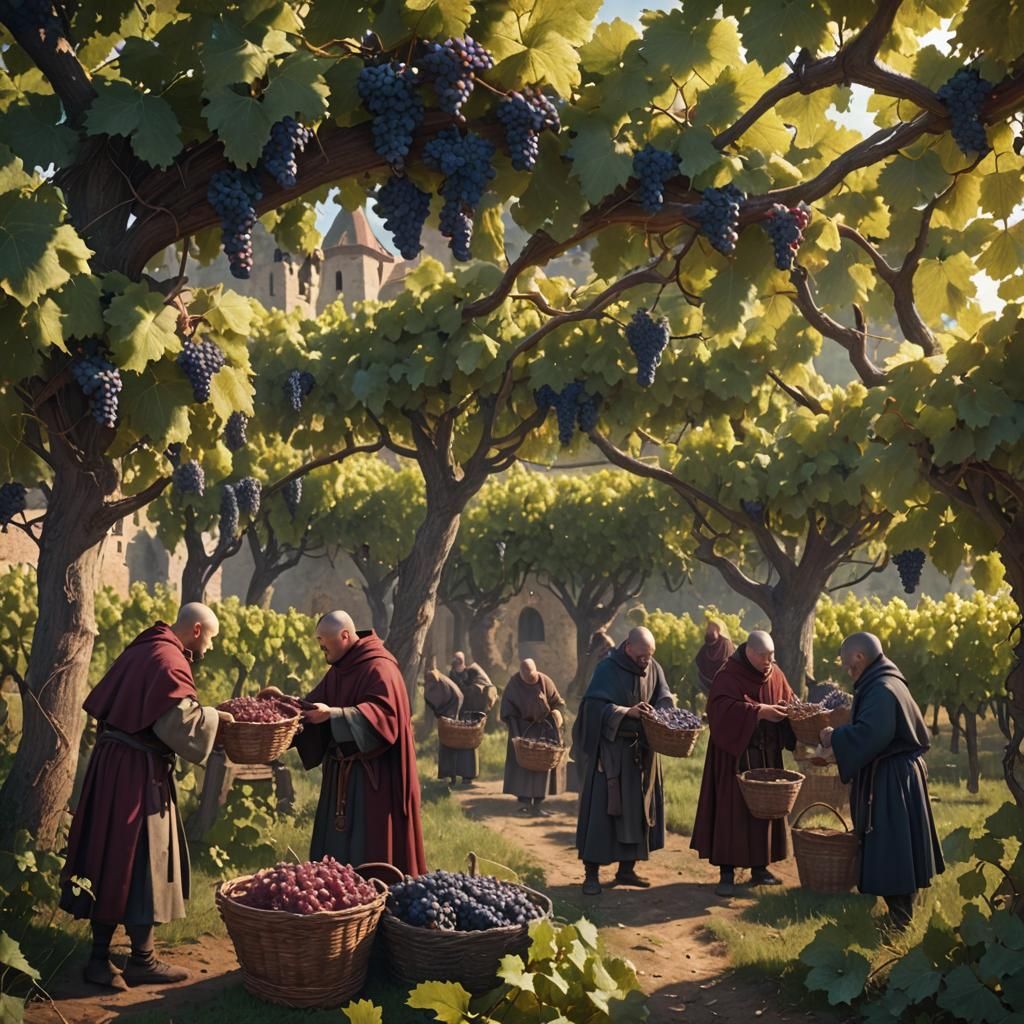 Monks Harvest Grapes in Medieval Monastery Vineyard
