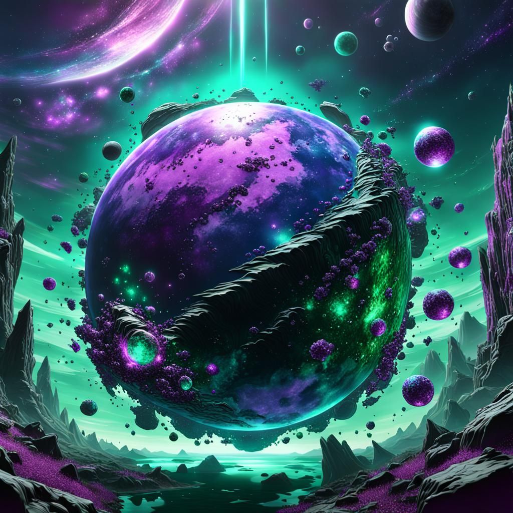 Cosmic Planet with Floating Crystals: Fantasy Concept Art