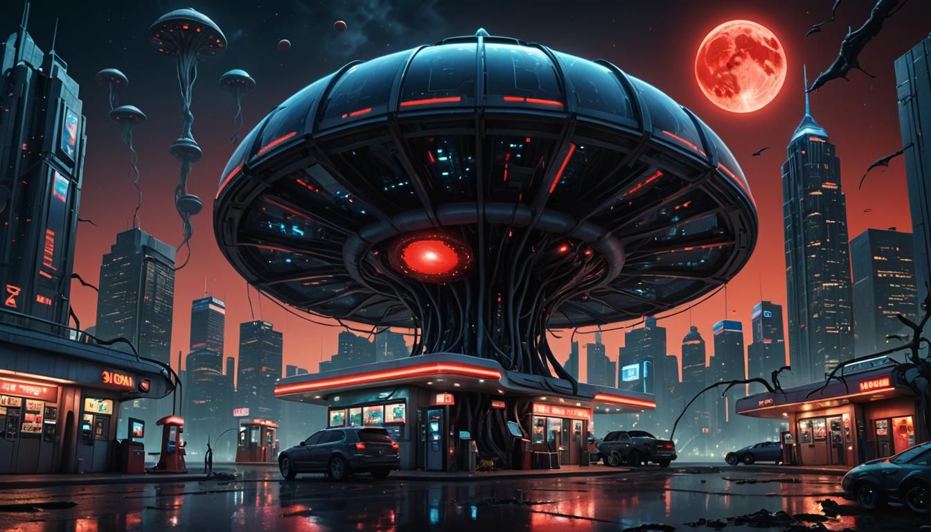 Alien Gas Station in Surreal Digital Art