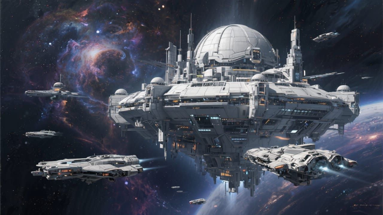 Futuristic Space City Amidst Starry Nebula