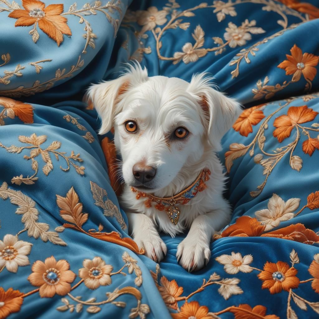 Dog on Velvet Bed in Golden Hour Light