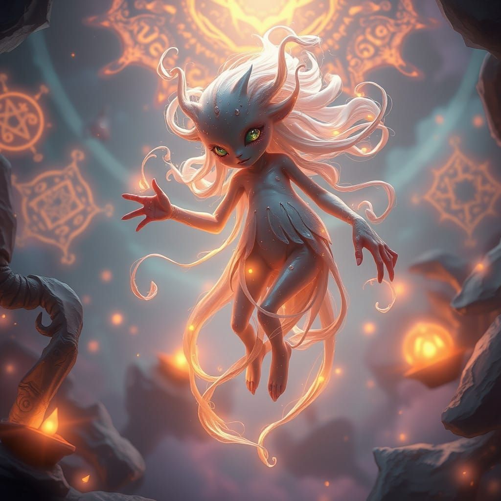 Surreal Entity Beckons with Glowing Runes and Mystical Symbo...