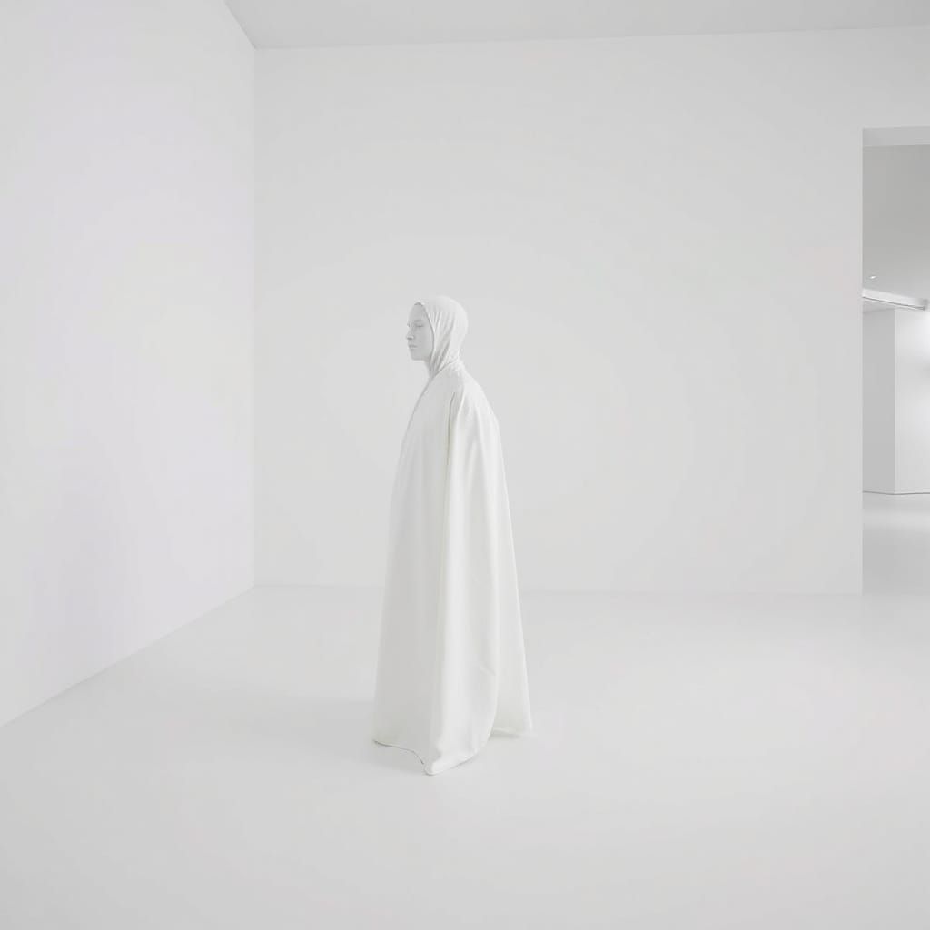 White Figure in Minimalist White Room