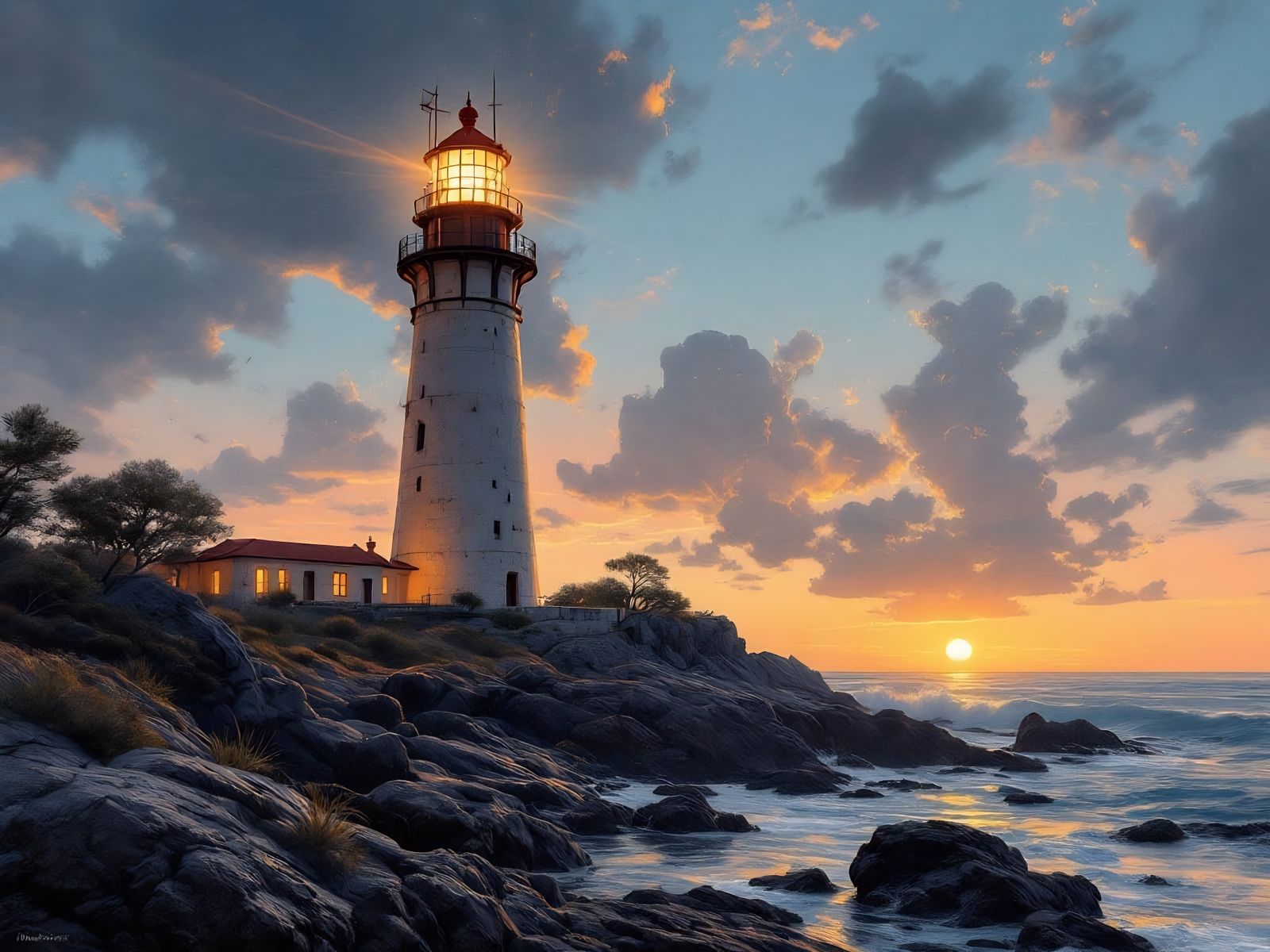 Neon Australian Landscape with Lighthouse in Impasto Style