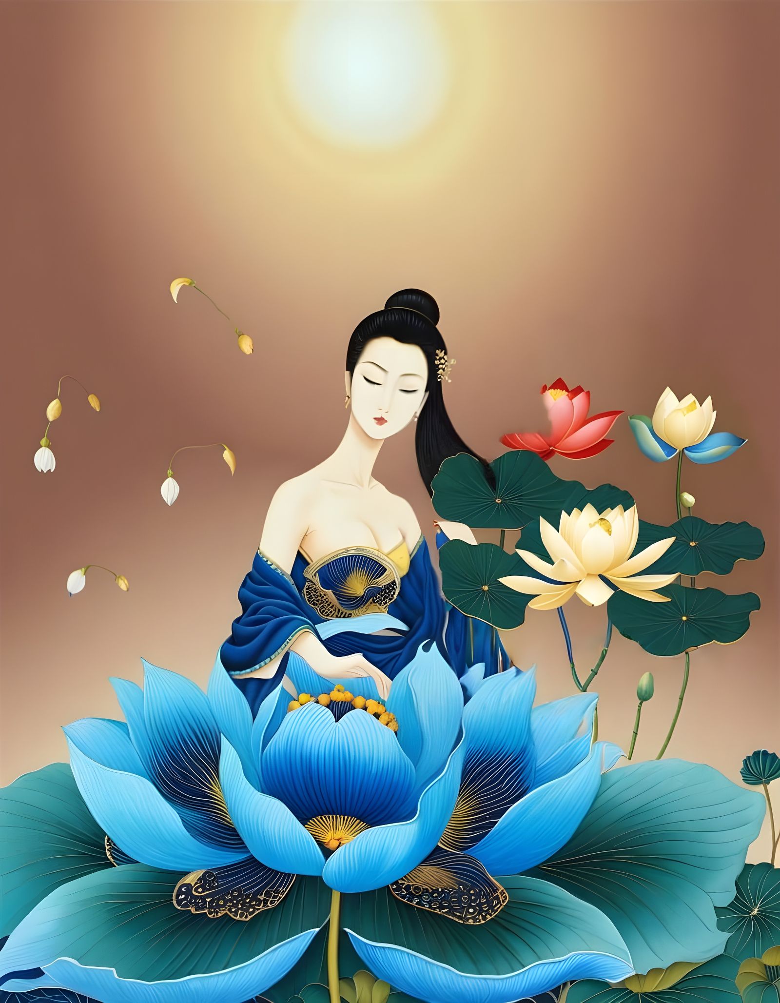 Lotus Goddess in Chinese Ukiyo-e Style