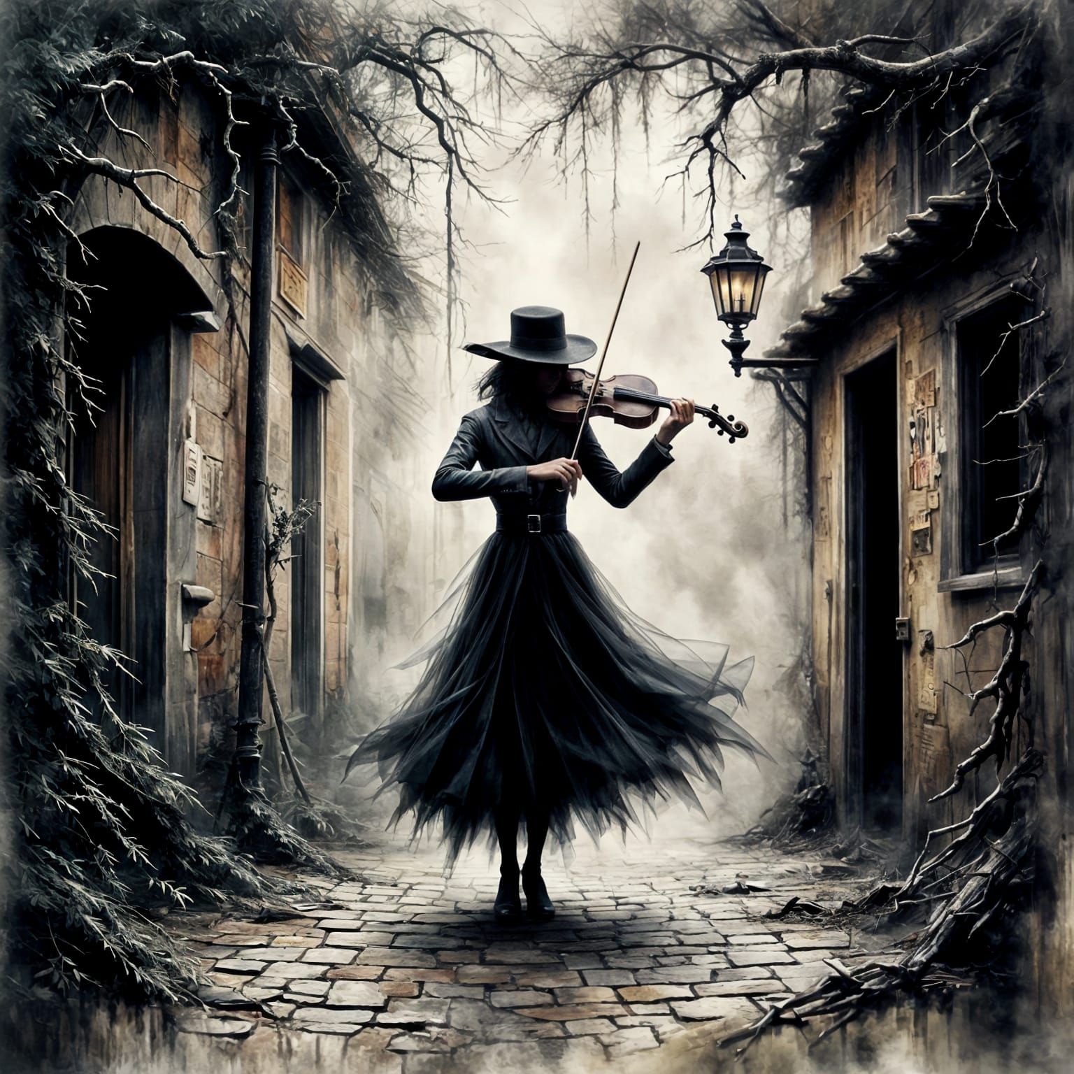  A surreal mysterious musician playing a violin at night