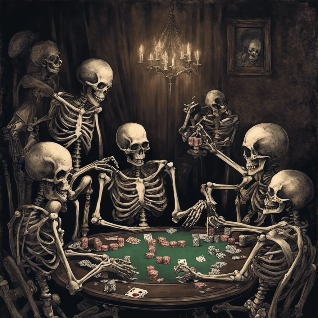 Gothic Skeletons Play Poker in Dark, Detailed Art