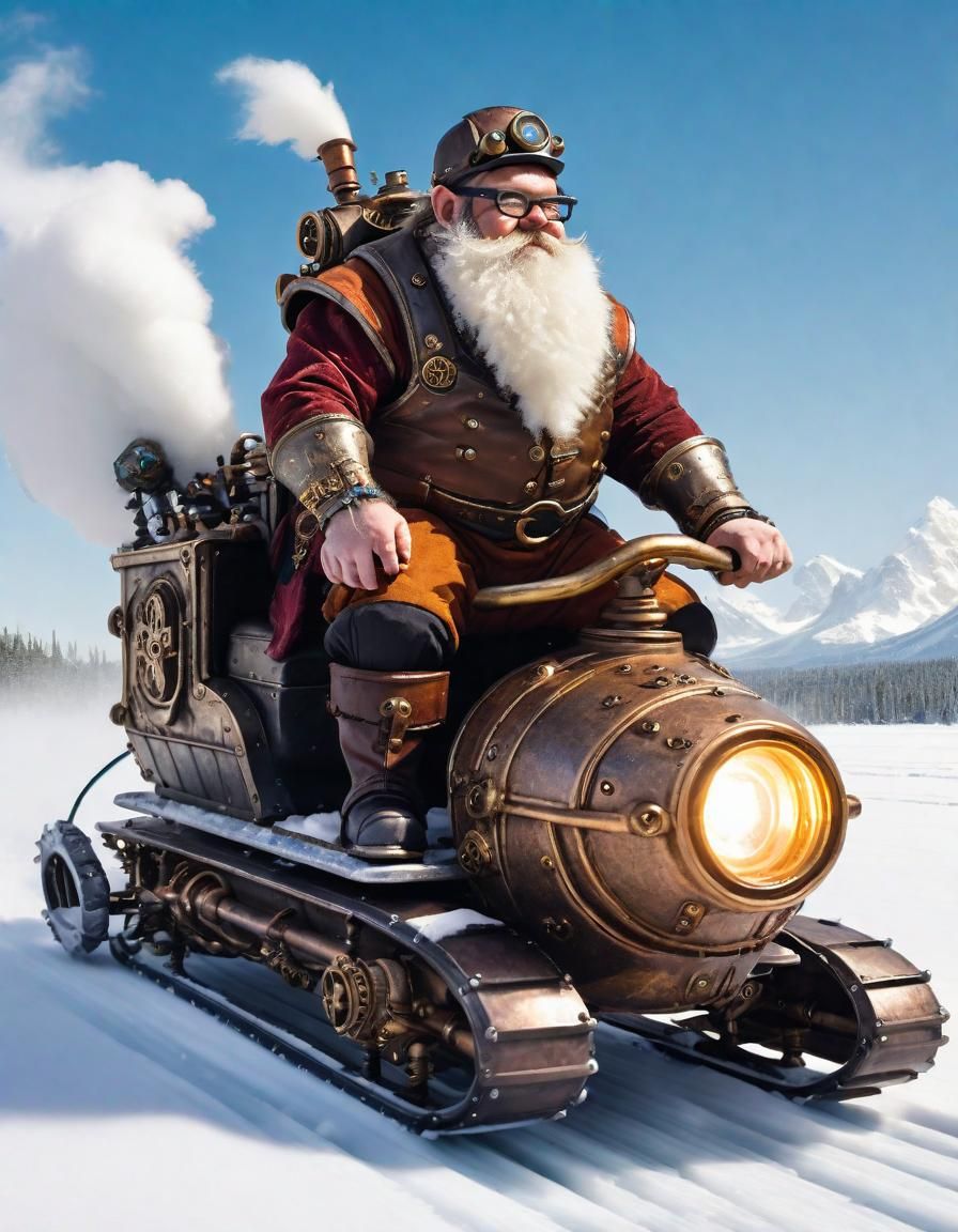 Dwarf on Steampunk Snowmobile Across Snowy Field