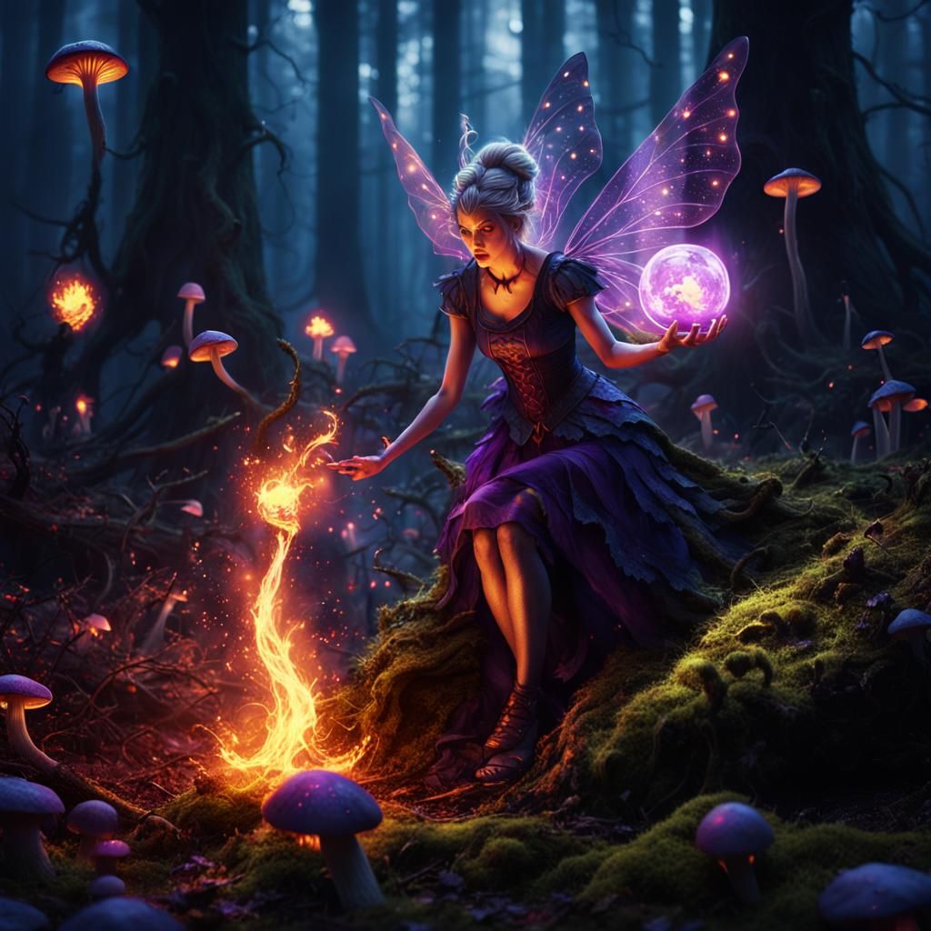 Evil Fairy Casting Fireball Spell in Dark Forest