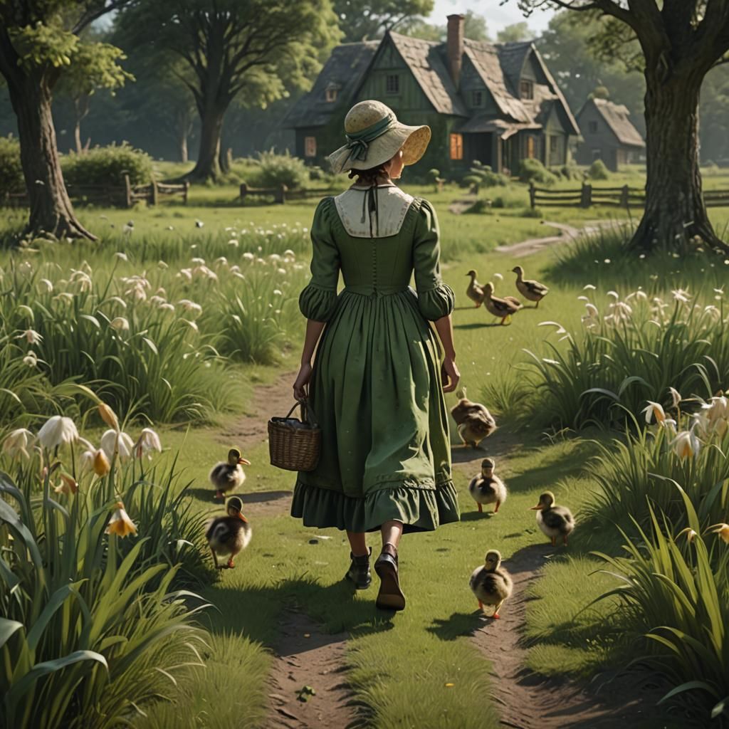 Girl with Ducklings in Cottage Core Style