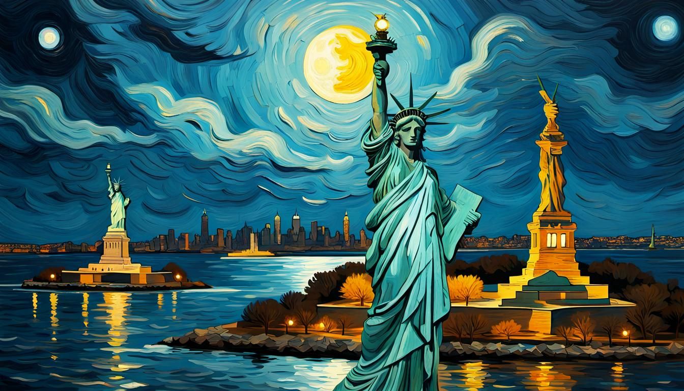 Statue of Liberty in Moonlight: Van Gogh Style
