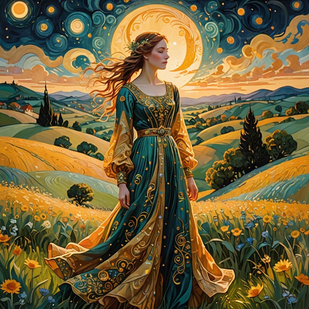 Ethereal Landscape with Sun, Moon, and Flowing Gown