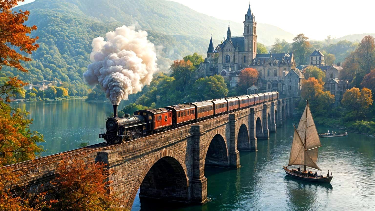Autumn River Scene with Vintage Train and Village