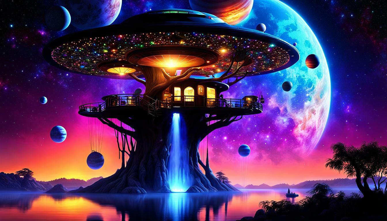 A alien space craft nestled over a Treehouse overlooking a  ...