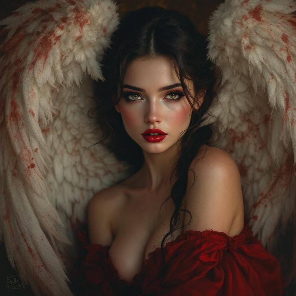 Gentle Fantasy Angel Woman in Dark Red