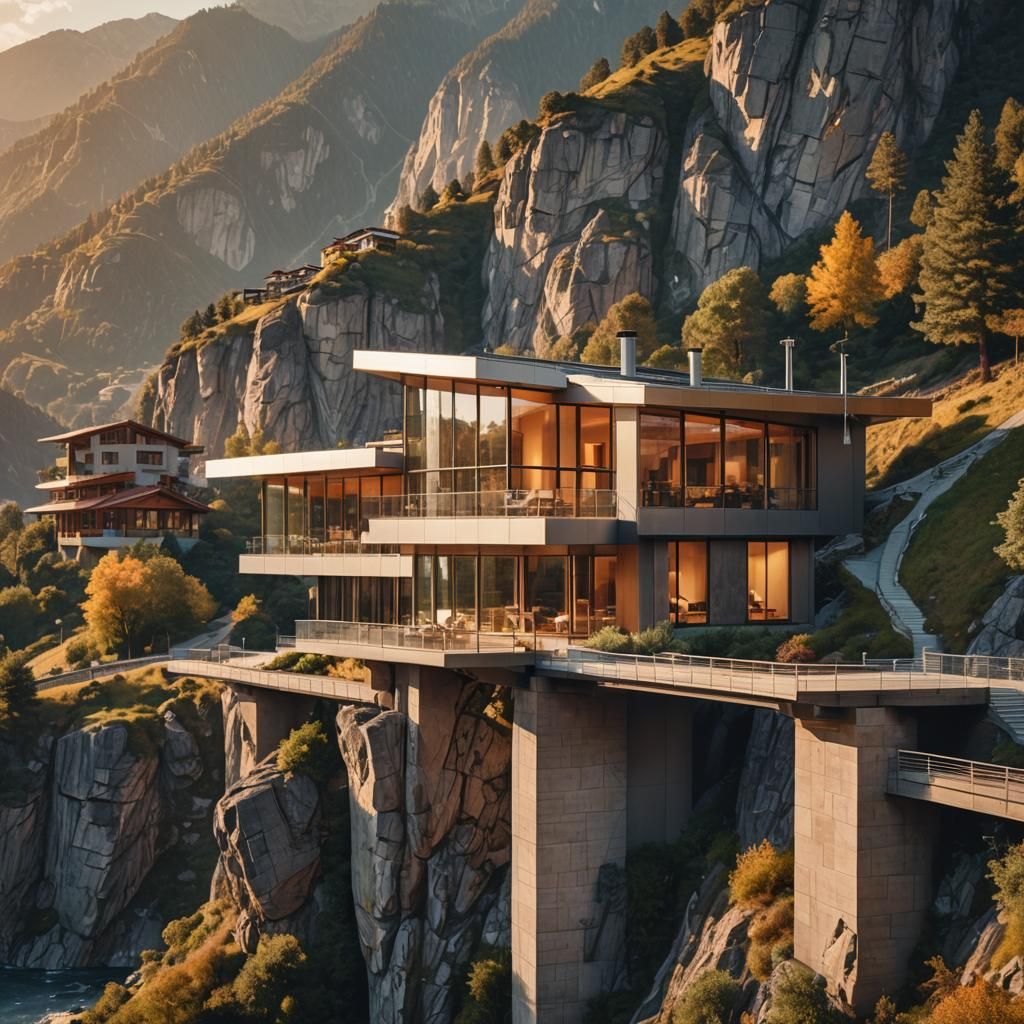 Ultramodern House on Mountain Bridge: Photorealistic Archite...