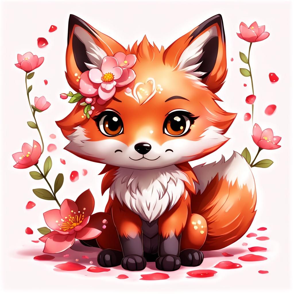 Chibi Fox with Flower Petals Illustration