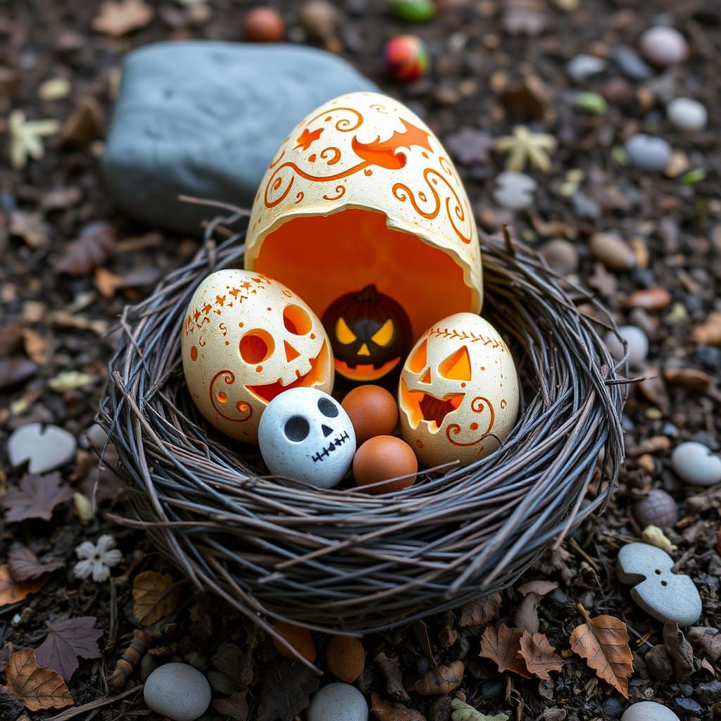 Intricately Carved Ostrich Egg Shells in a Spooky Wester Nes...