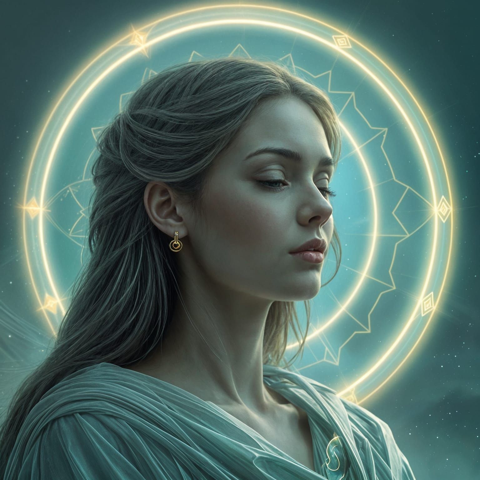 Celestial Woman with Glowing Halo and Gold Circuitry