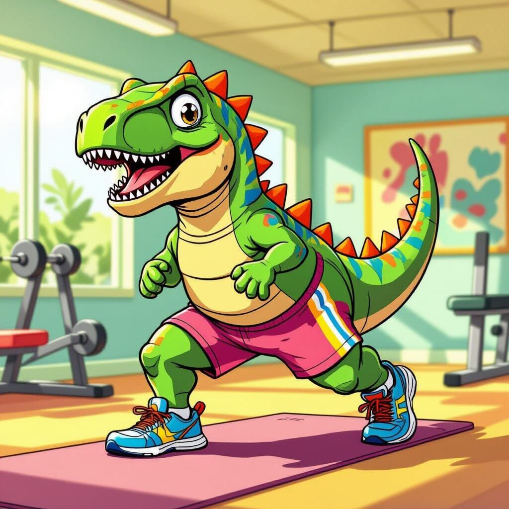 Cartoon Dinosaur Does Push-Ups in Gym Shorts
