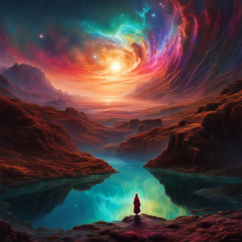 Magical Iridescent Landscape with Maiden, Digital Art