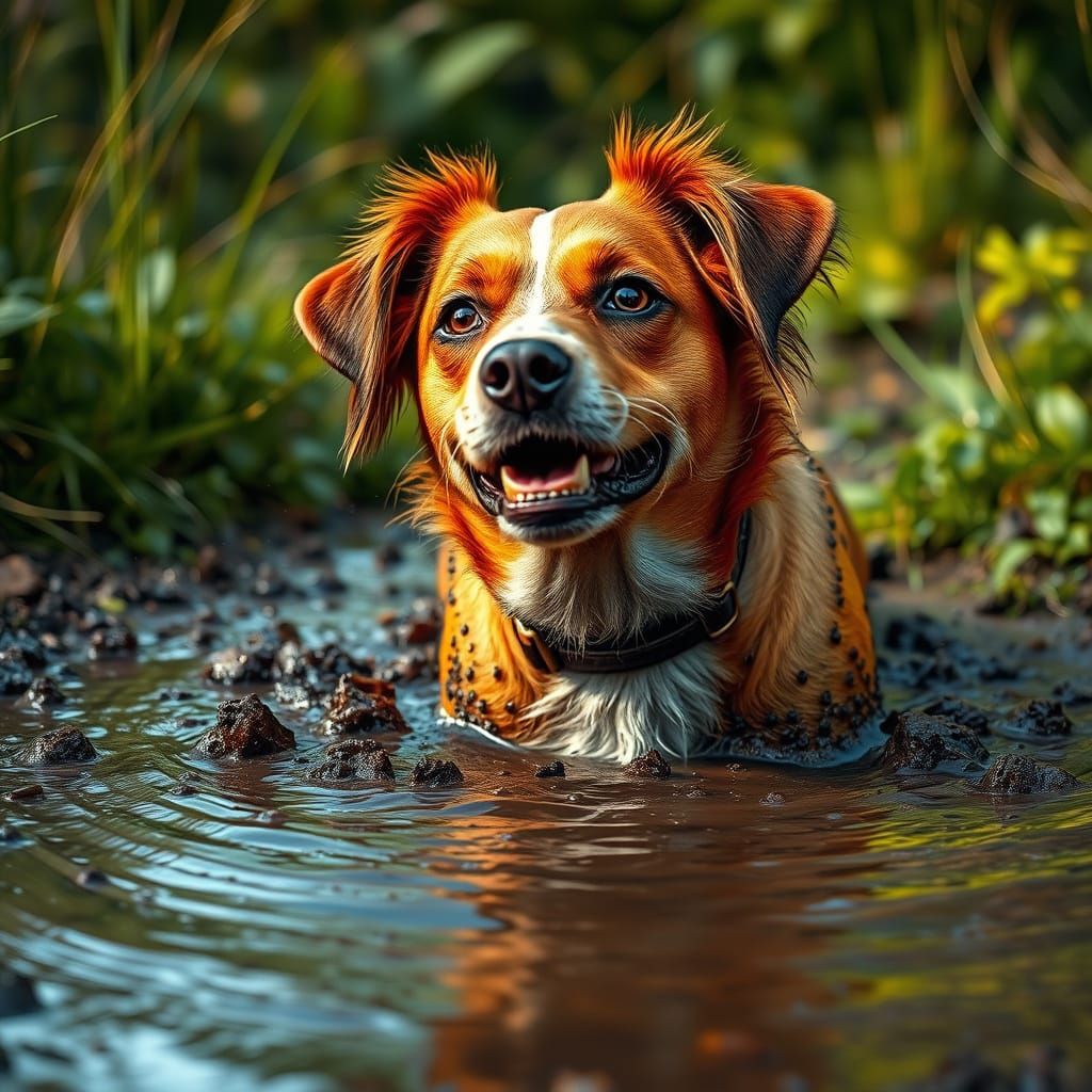 Canine Joy in Vibrant Muddy Landscape