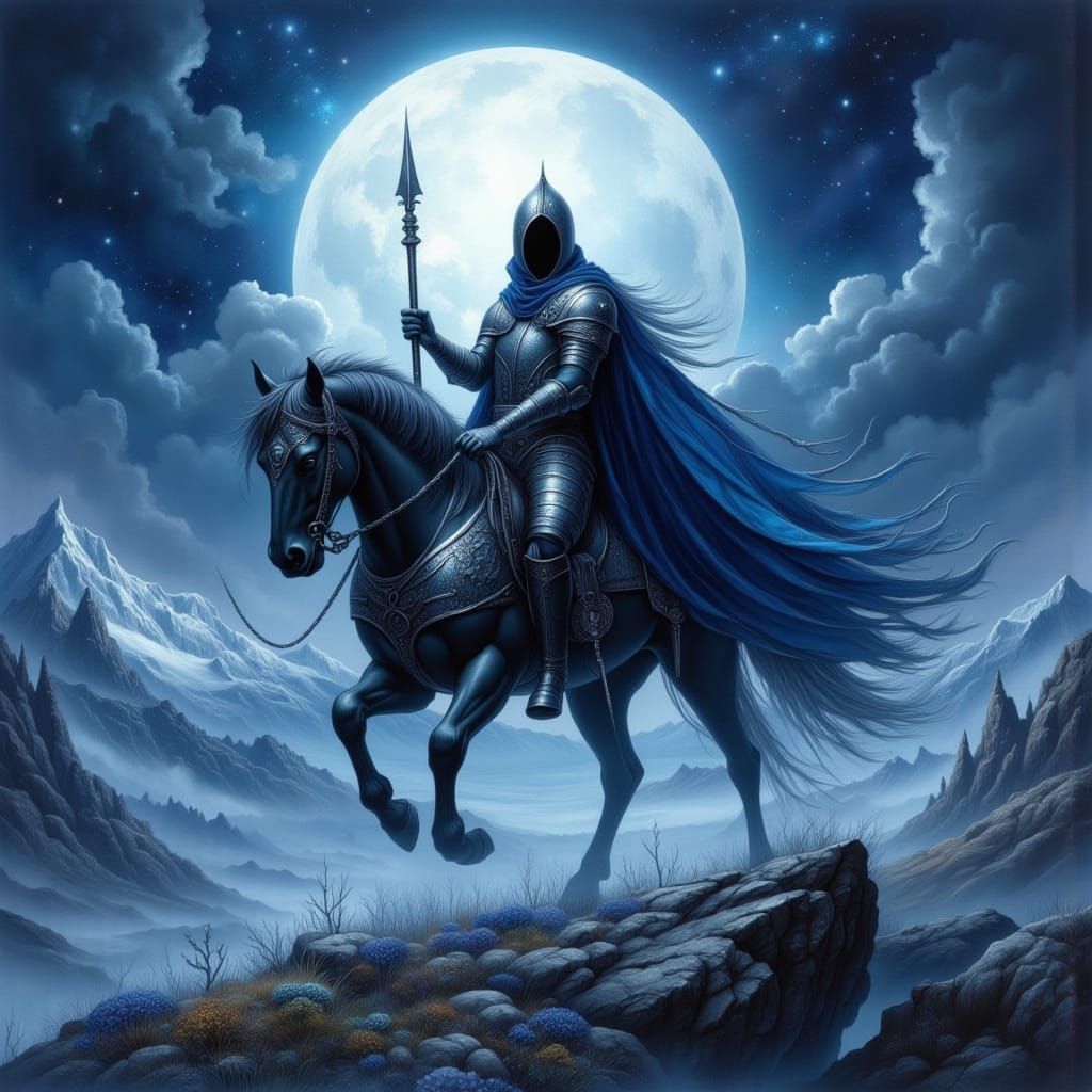 Pale blue moon knight rides the black stallion in the blaste...
