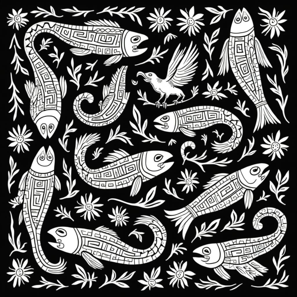 Elegant Aztec Fish Design with Ancient Symbols
