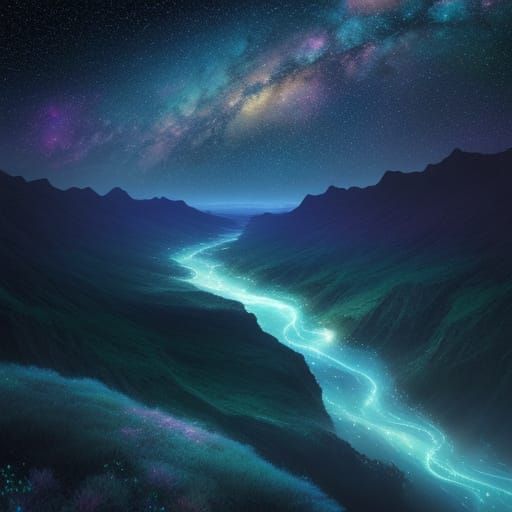 Ethereal Sky River with Star Fish in Surreal Landscape