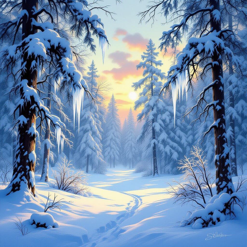 Snowy Forest with Frosty Mist and Icicles
