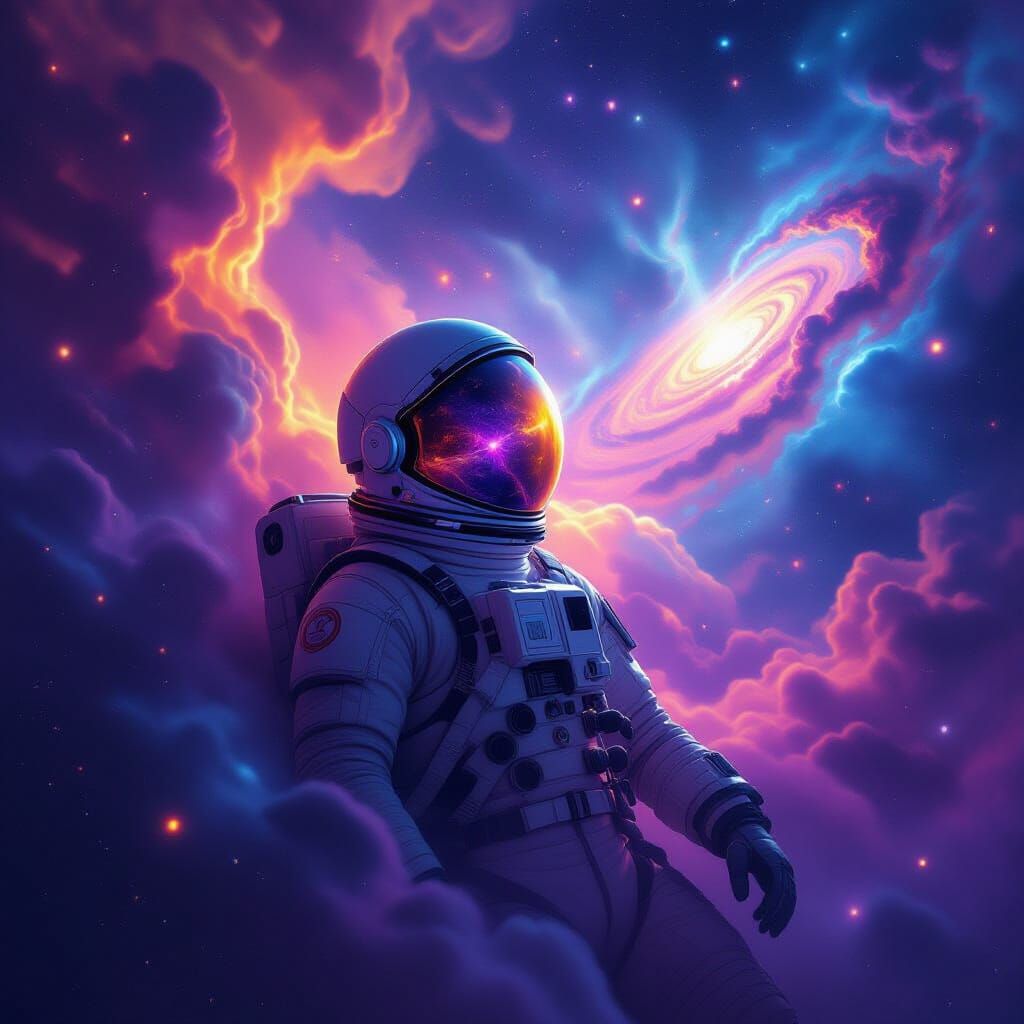 Astronaut Adrift in Vibrant Cosmic Nebula