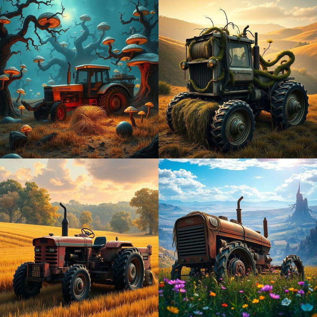 Rustic Hay Baler in Vibrant Fantasy Landscape