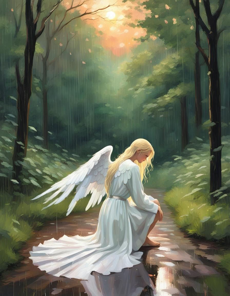 Angel Kneeling in Rainy Forest, Van Gogh Style