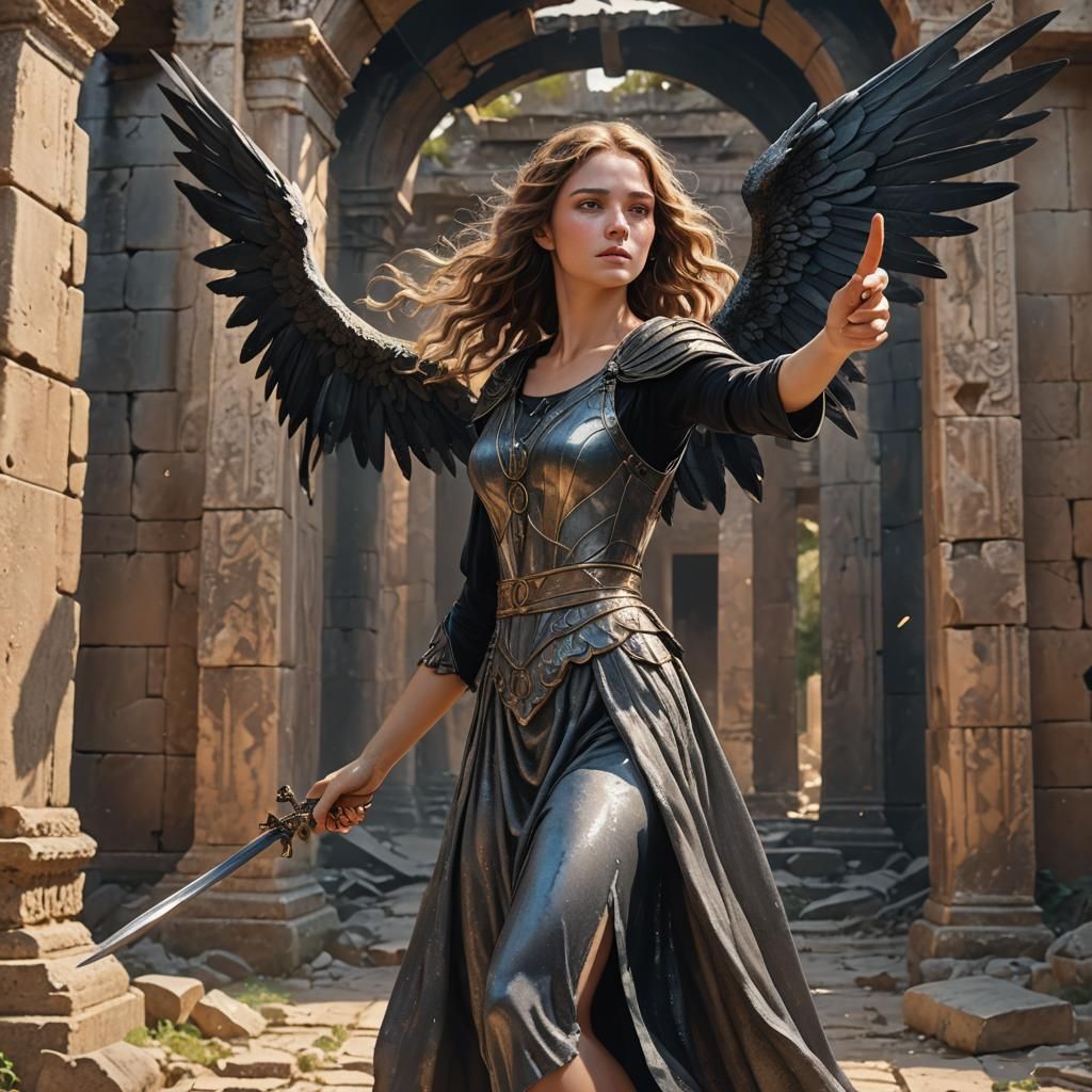 Winged Girl with Dagger in Ancient Ruins