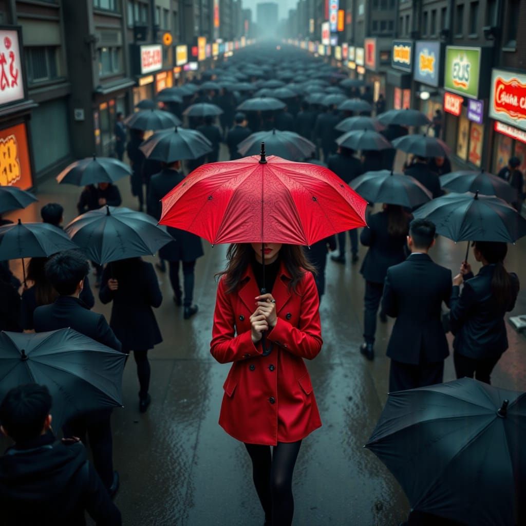 Fashion Model in Red Stands Out on Rainy Street