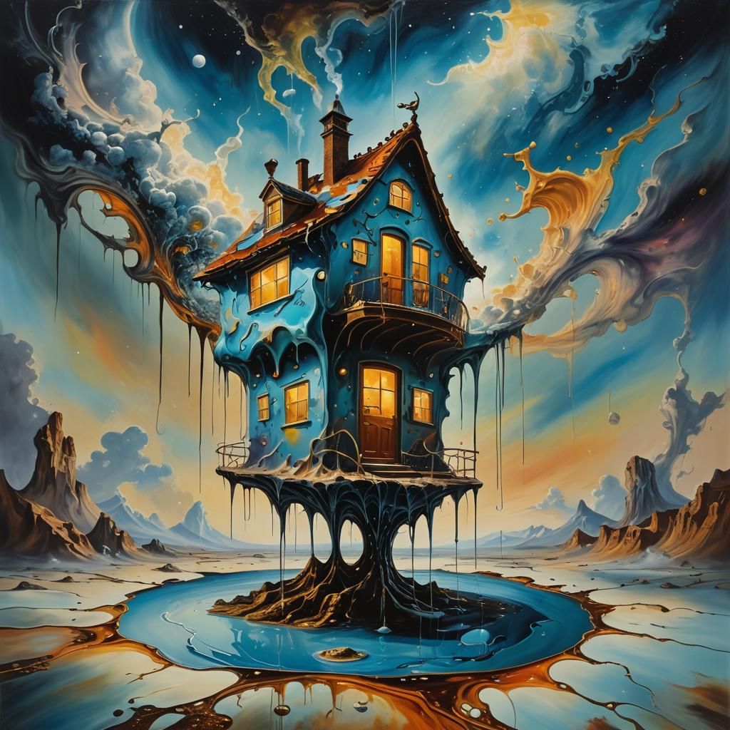 Melting House in Space: A Surreal Oil Painting