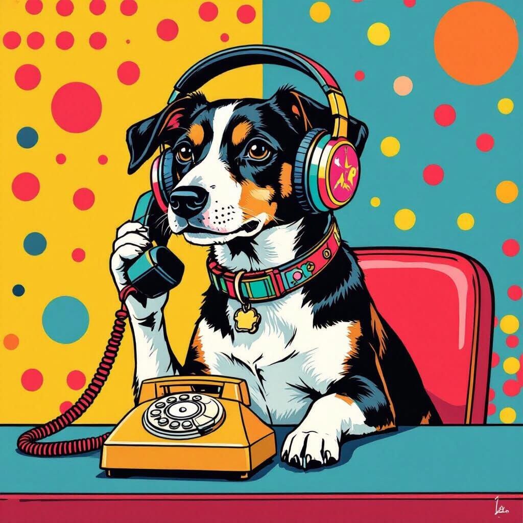 Dog on Phone in Warhol-Inspired Pop Art