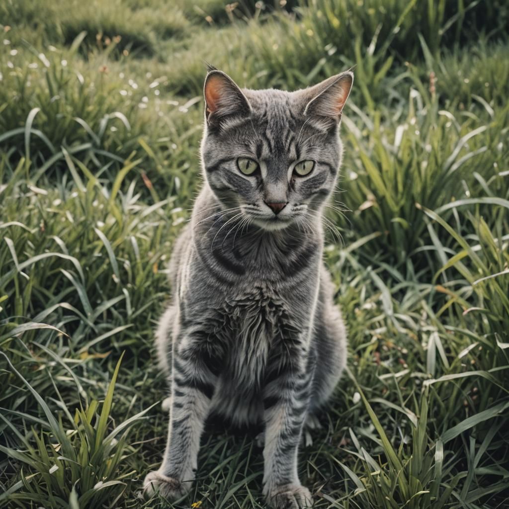 Grey Cat Plays in Grassy Field: Cinematic Still