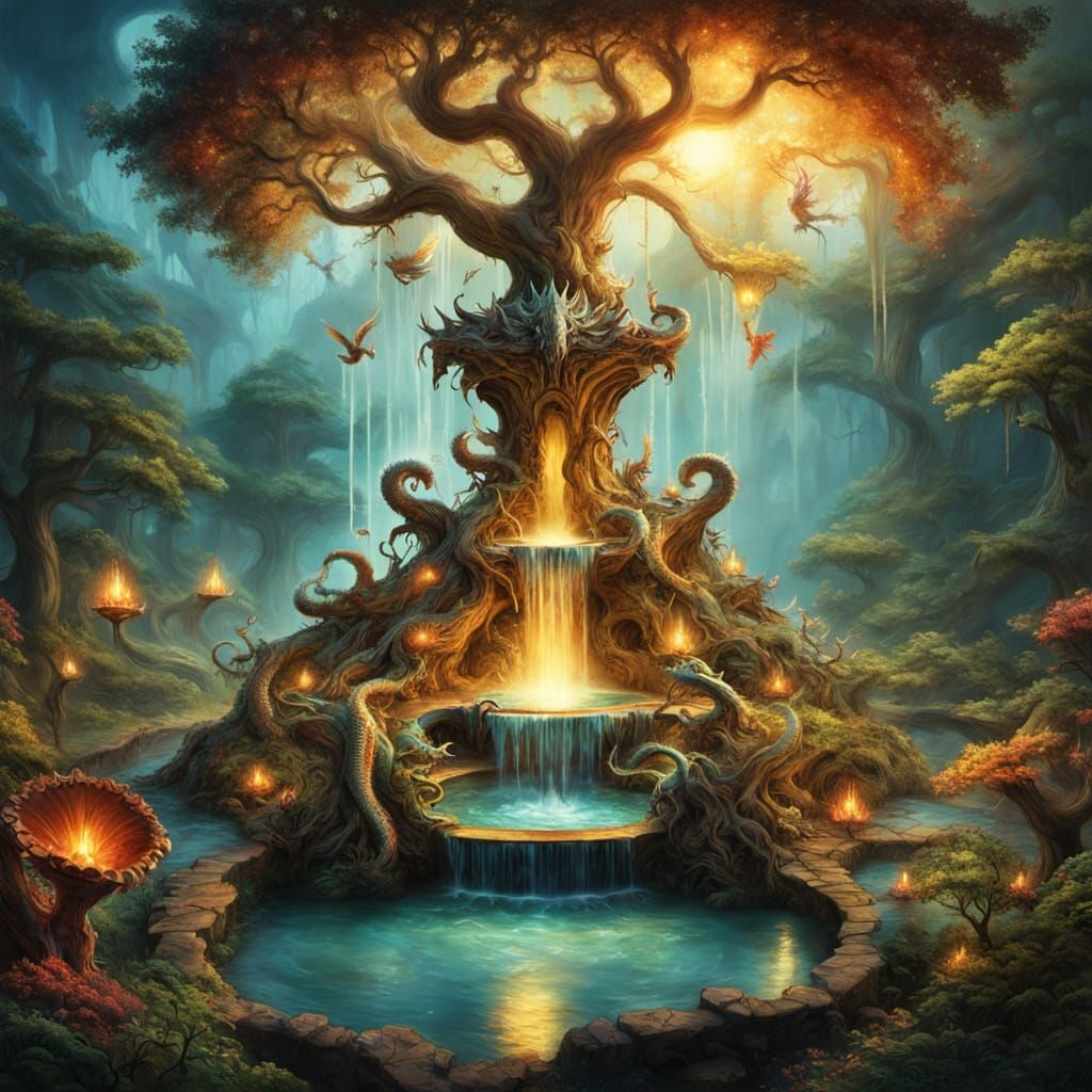 Magical Forest Fountain with Dragons in Surreal Style