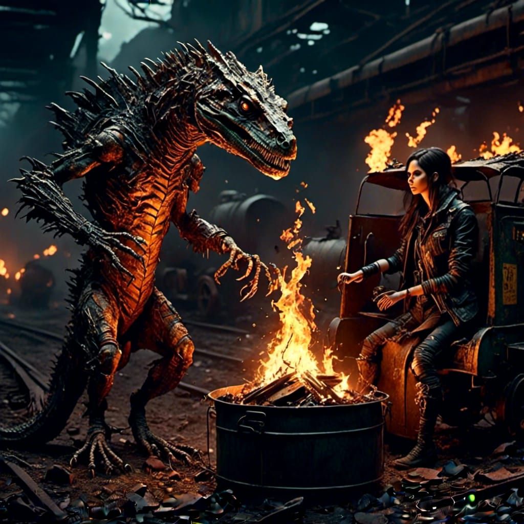 Lizardfolk Gather Around Fire in Abandoned Trainyard