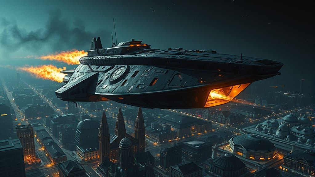 Battle-Damaged Spacecraft Soars Over Alien Metropolis