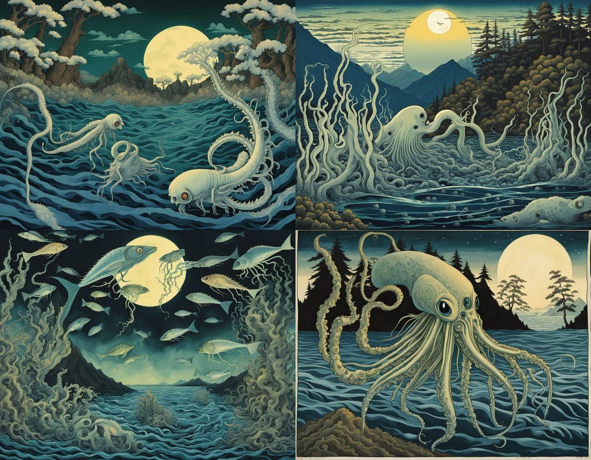 Bioluminescent Squid with Heart Lure in Ukiyo-e Style